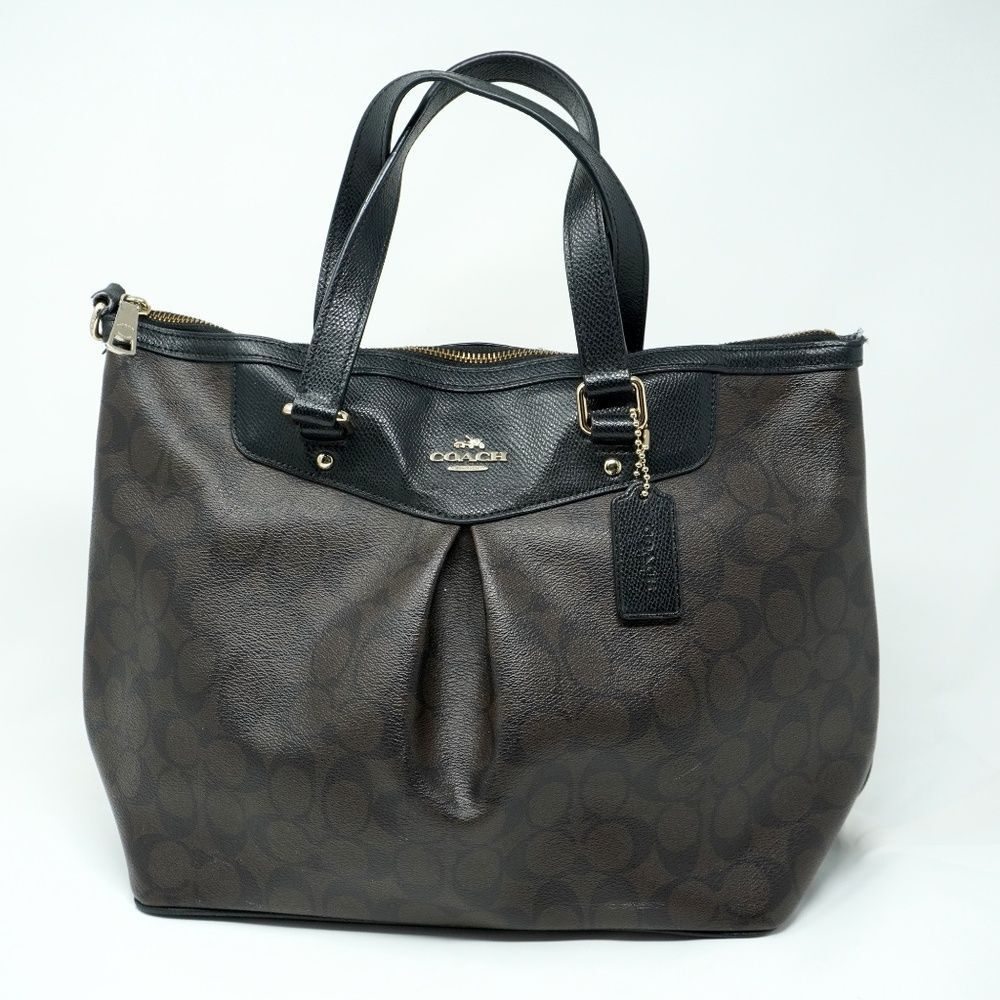 AUTHENTIC COACH PVC SIGNATURE LARGE SATCHEL BAG PURSE BROWN/BLACK - Picture 2 of 11